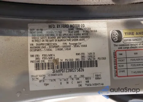 2008 Ford Fusion Se z USA, uszkodzony, nr VIN 3FAHP07Z28R275826